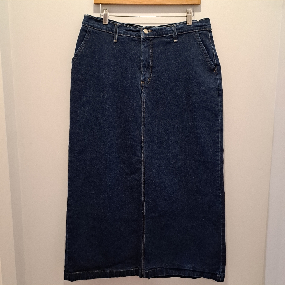 Vtg Blue Denim 90s Y2K Romantic Cottagecore Western Tradwife Modest MidiSkirt 14